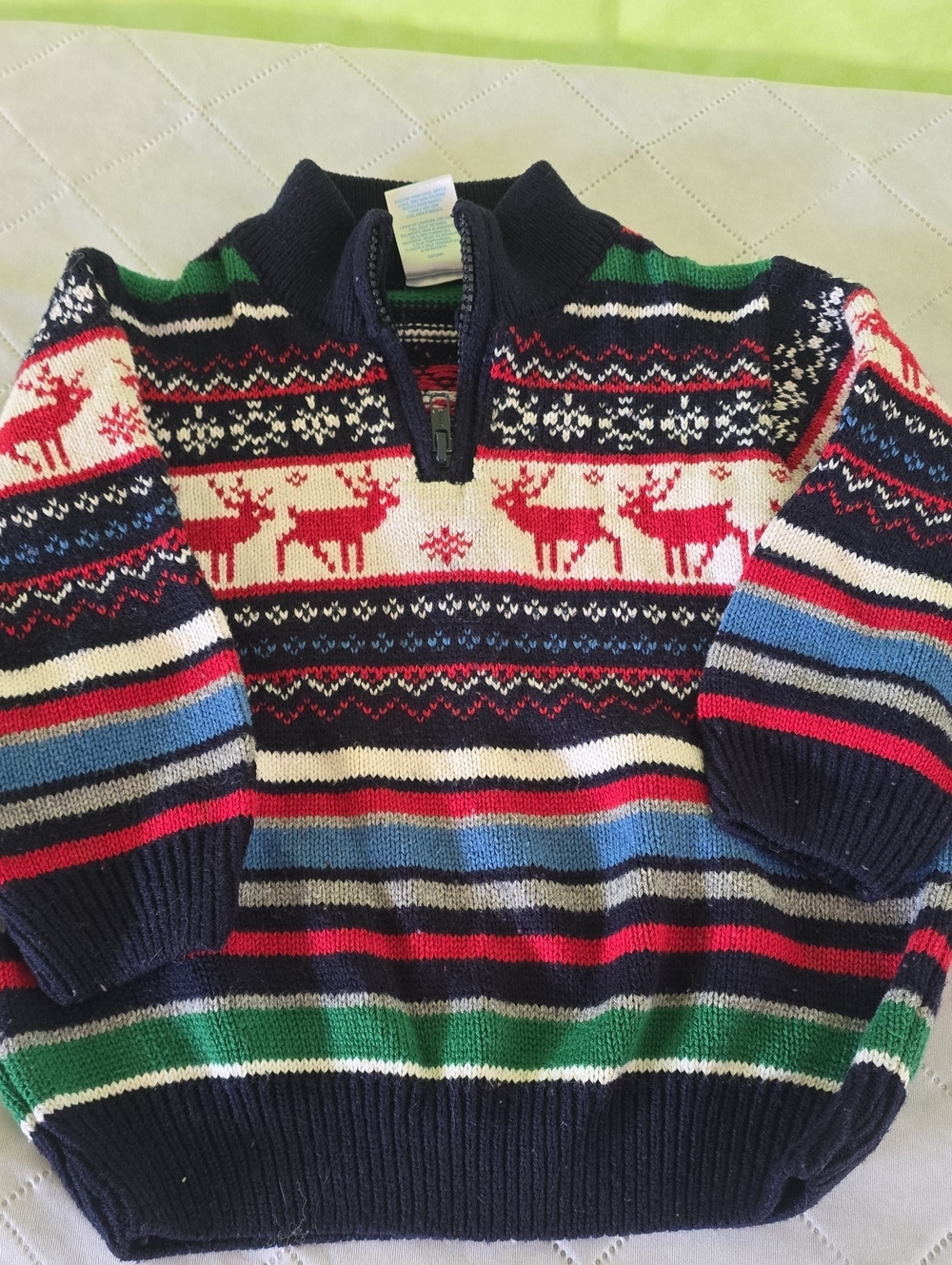 Wonderkids Navy Zip-Up Sweater with Red Reindeer and Multicolor Stripes